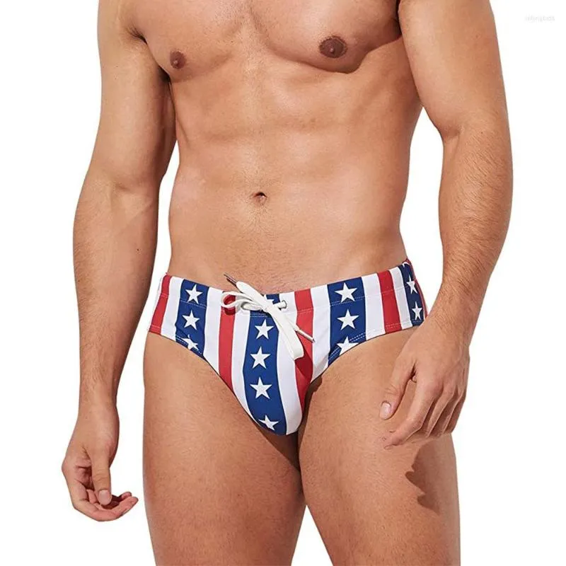 Roupa de banho masculina Dia da Independência EUA Bandeira Estrelas Cuecas de biquíni cintura baixa Maiô Calções de praia Calções de banho Bolsa acolchoada Maiô Calcinha