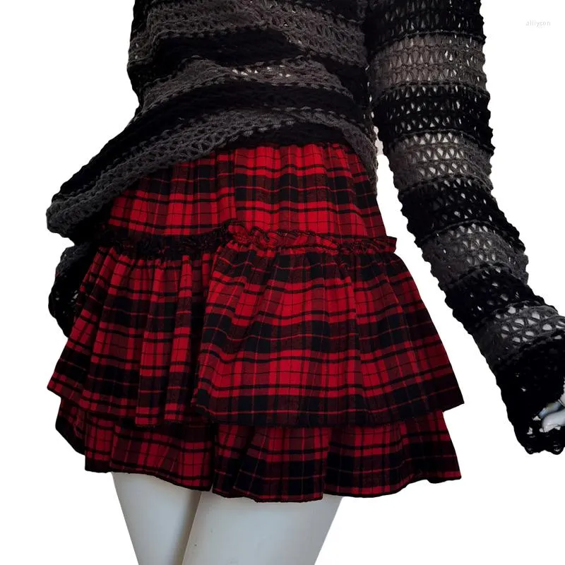 Skirts Y2k Girl Gothic Ruffles Mini Women Elastic Waist Black Red Striped Plaid Skirt Harajuku Goth Punk Skater Korean Clothes