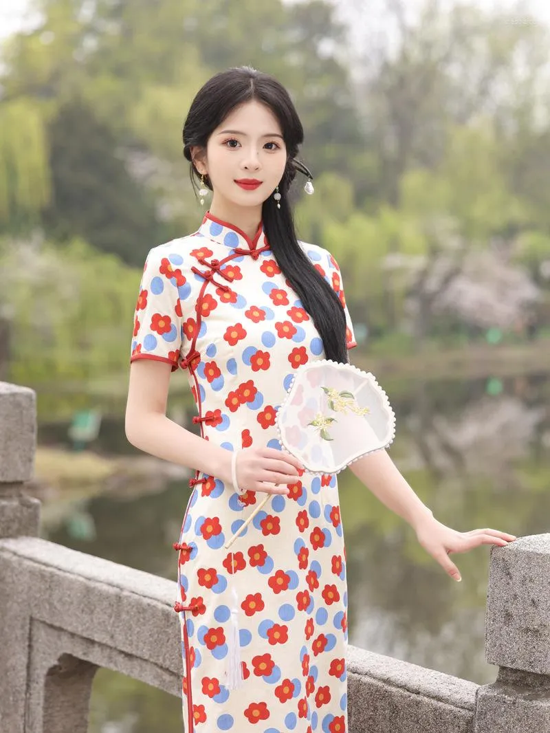 Ethnic Clothing Gentle Style Red Summer Cheongsam Sweet Vintage Women Floral Long Dress Chinese Daily Female Qipao Dresses