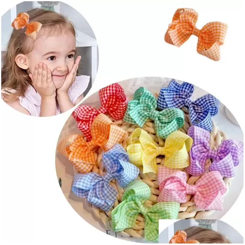 Hårtillbehör 2022 Ny 30 st/ 3.1 tum Gingham Ribbon Bow Clips eller Elastic Rubber Plaid Bows For Baby Girl Drop Delivery Kids Mater DHDP8