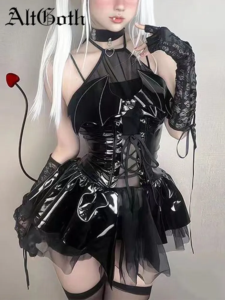 AltGoth Punk Gothic Dress - Urban Sexy Cosplay PU Gothic Dress for Women, Harajuku Streetwear with Grunge Bandage, Hollow Out Bats, and Gothic Style