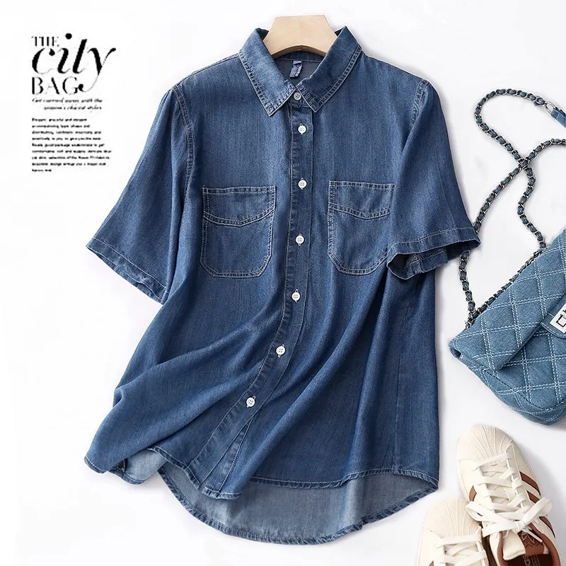 Women's Blouses Shirts Summer Arts Style Women Short Sleeve Turn-down Collar Cotton Denim Casual Shirts Double Pocket Vintage Blue Loose Blouse C968 230613