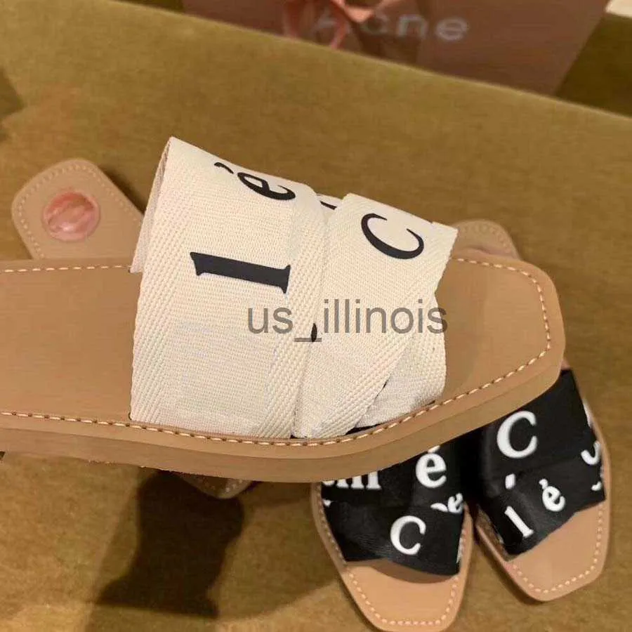 Slippers Slippers Zomer Rubberen Sandalen Strand WOODY FLAT MULE Linnen Wit Zwart Slide Mode Slijtage Slippers Indoor Canvas Designer Schoenen J230614