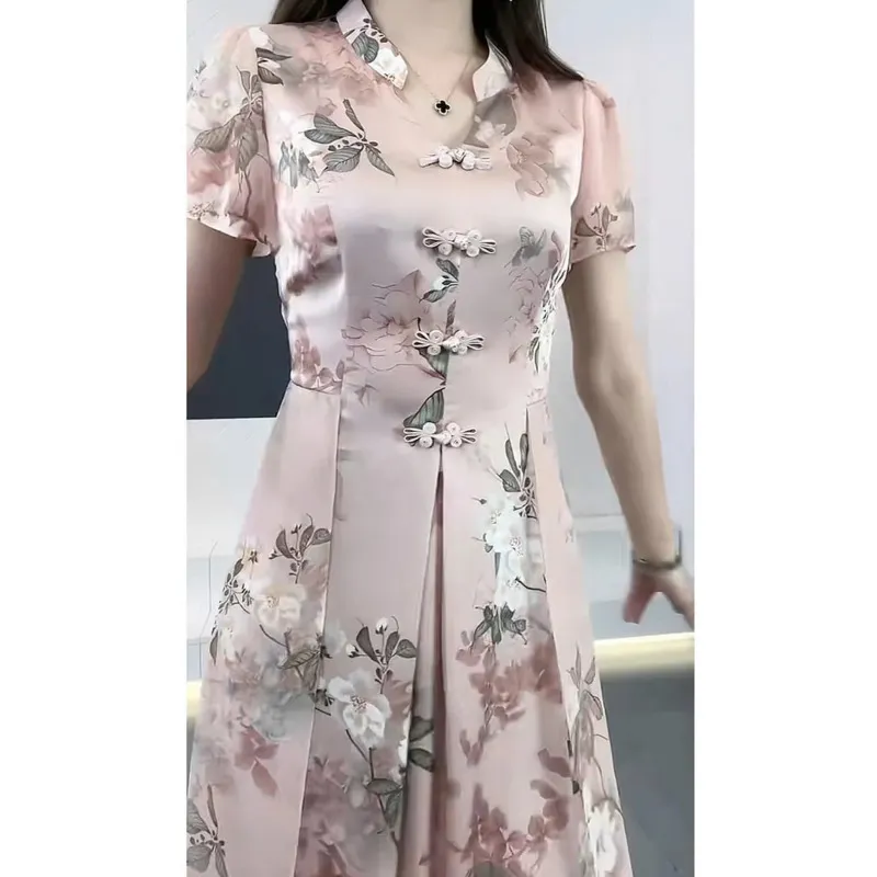 Women's Casual Ice Silk Print Evening Dress Elegant 2023 Summer New Improved Qipao Party Dresses Brazil Long A-line Skirt