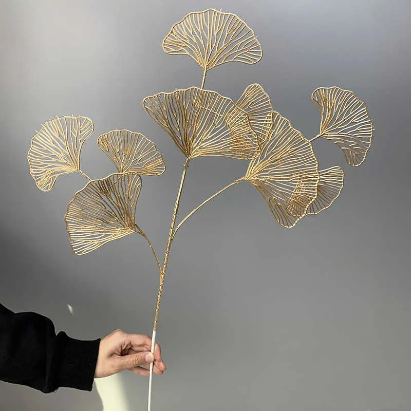 Fleurs séchées fourchette ventilateur feuille filet artificiel or Ginkgo Eucalyptus houx plastique pour mariage arrangement floral décoration de la maison artisanat