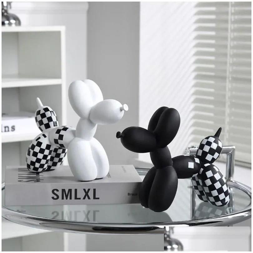 Decorative Objects Figurines Nordic Checkerboard Balloon Dog Scpture Statue Resin Modern Home Living Room Decoration Kawaii Decor Dh9Ry