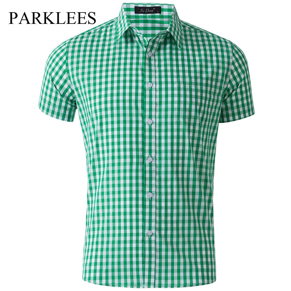 Camisas casuales de los hombres Parklees Camisa de algodón a cuadros pequeña para hombre Marca Clásica Sólida Camisa de manga corta con botones Camisa de vestir de guingán de ajuste regular informal 230613