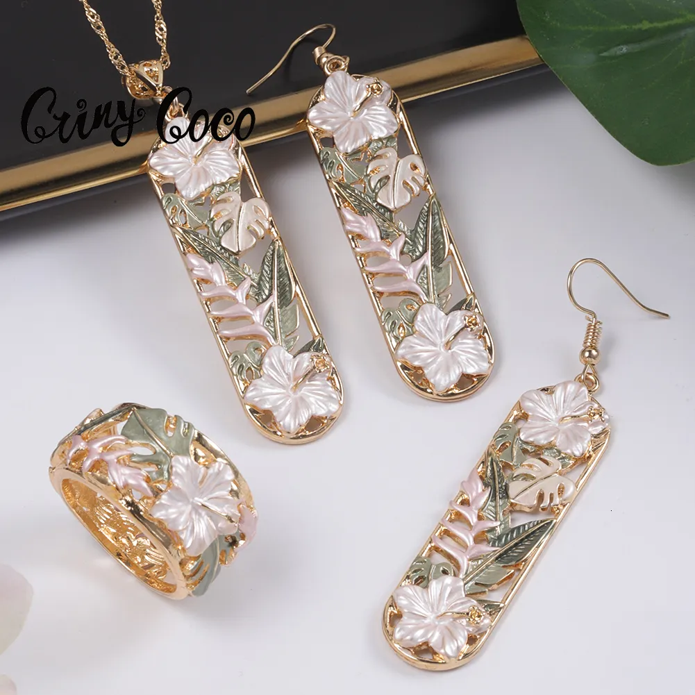 Wedding Jewelry Sets Hawaiian Hibiscus Flowers Jewelry Sets Pacific Cook Islands Ring Pendant Necklace Polynesian Earrings Set for Women Girl 230613