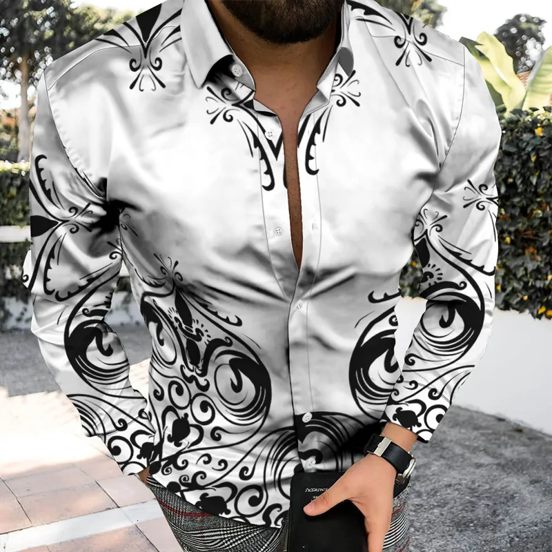 Camisas casuais masculinas outono inverno camisa longa masculina de lapela 3D mais recente casual diário retrô padrão tema masculino camisa superior botão cardigã 230613