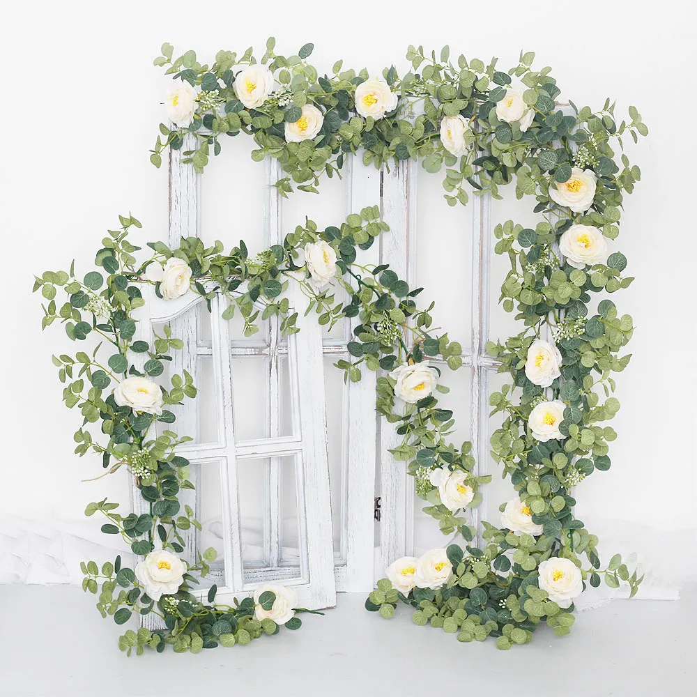 偽のガーランド牡丹乾燥した人工花ユーカリのブドウの緑の結婚式の花輪のためにぶら下がっているホームパーティーガーデンクラフトアート装飾230613 s