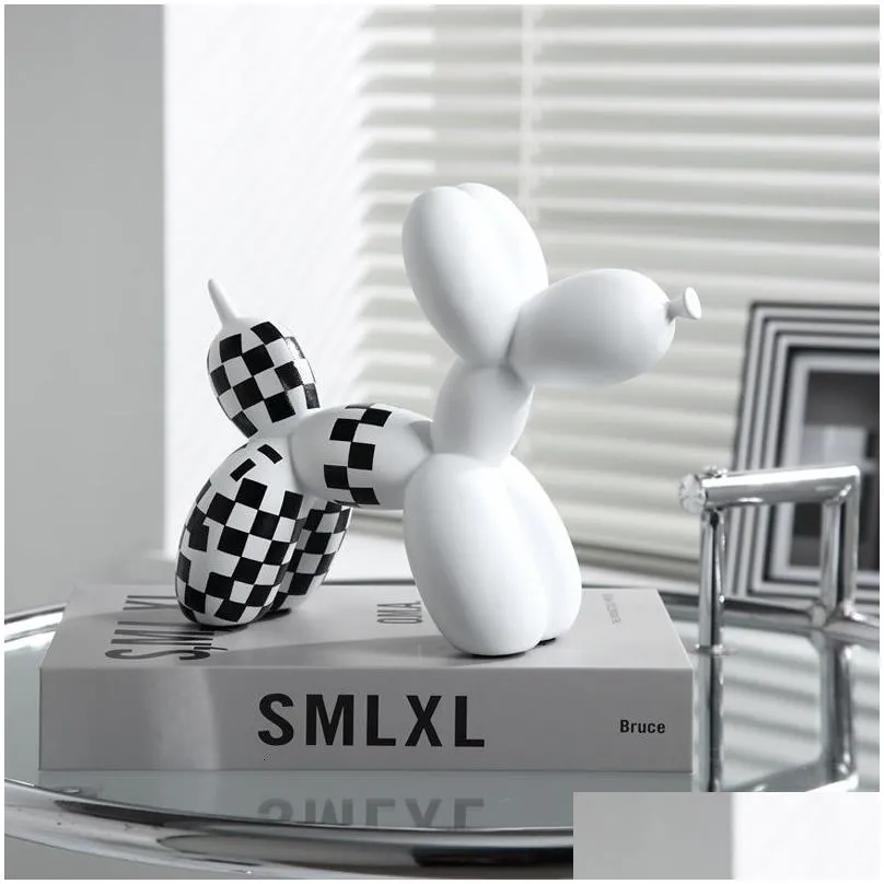 decorative objects figurines nordic checkerboard balloon dog sculpture statue resin modern home living room decoration kawaii decor desk accessories