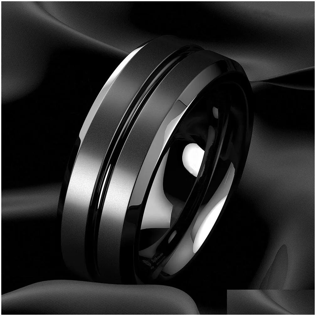 exquisite 8mm mens jewelry tungsten carbide ring black groove matte stainless steel wedding engagement party anniversary rings size