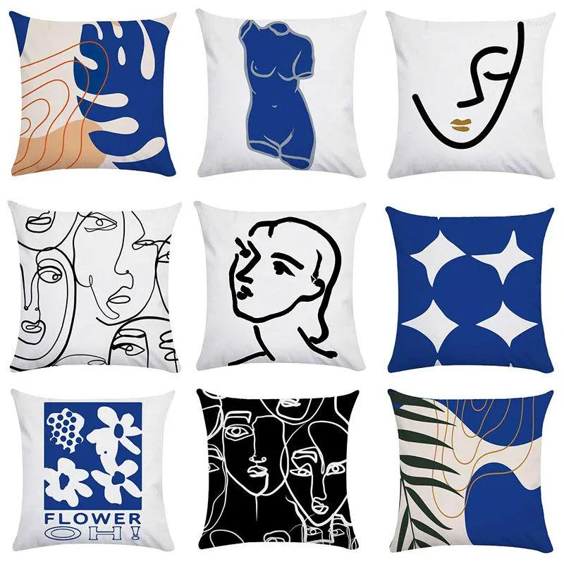 Pillow Nordic Style Cover With Black White Geometric Portrait Vintage Art Abstract Blue Pillowcase Flower Design For Sofa