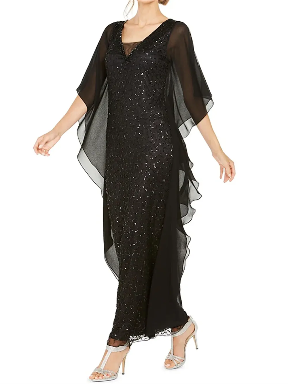Elegant Black Sequin gown for wedding with V-Neck, Ankle-Length Chiffon, Half Sleeves, and Ruffles - Perfect for 2023 Bride Party and Invitada Elegant Black Sequin gown for wedding with V-Neck, Ankle-Length Chiffon, Half Sleeves, and Ruffles - Perfect for 2023 Bride Party and Invitada
