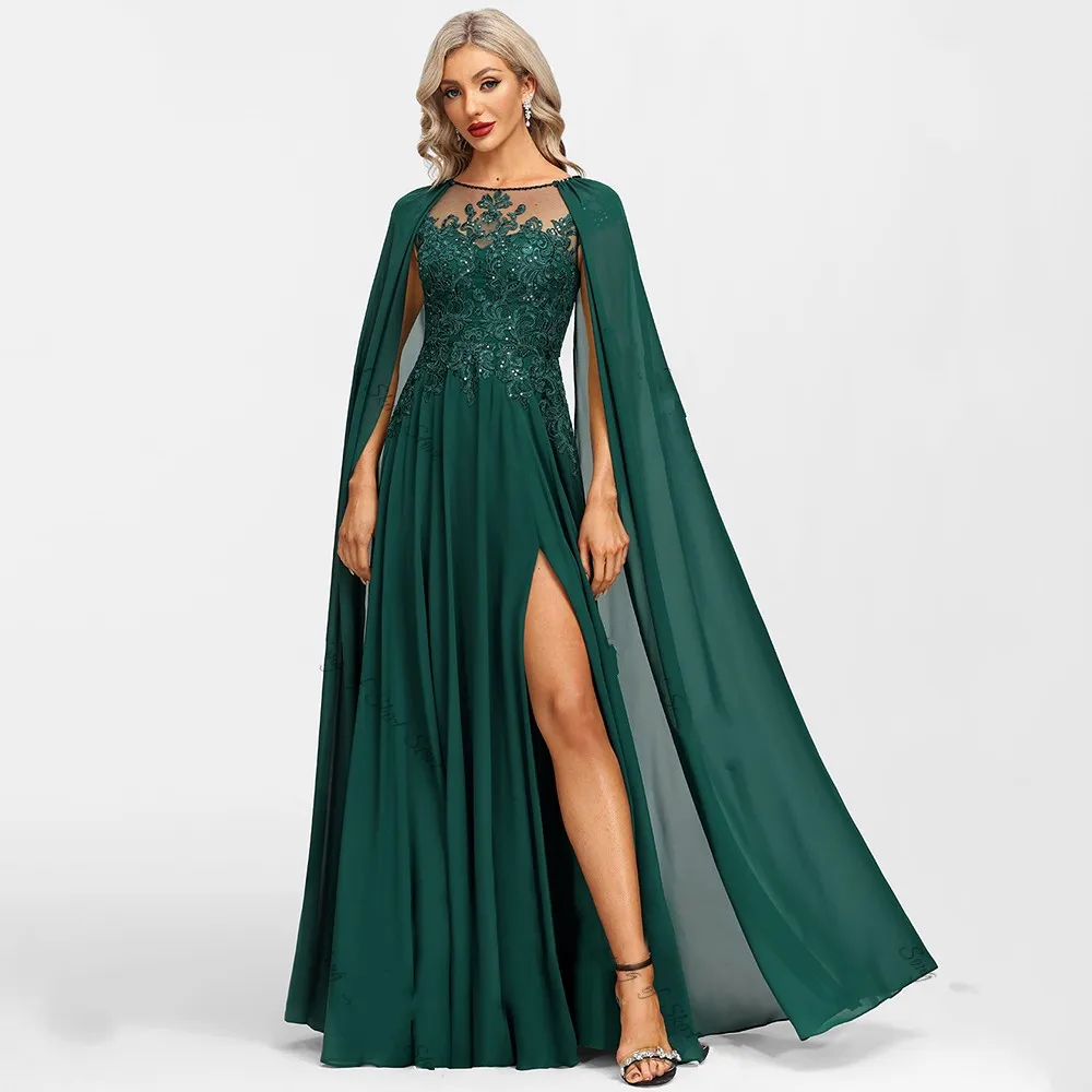 Emerald Lace Applique A-Line Gown for Wedding with Side Slit - Elegant Wedding Guest Prom Gown for Mom
