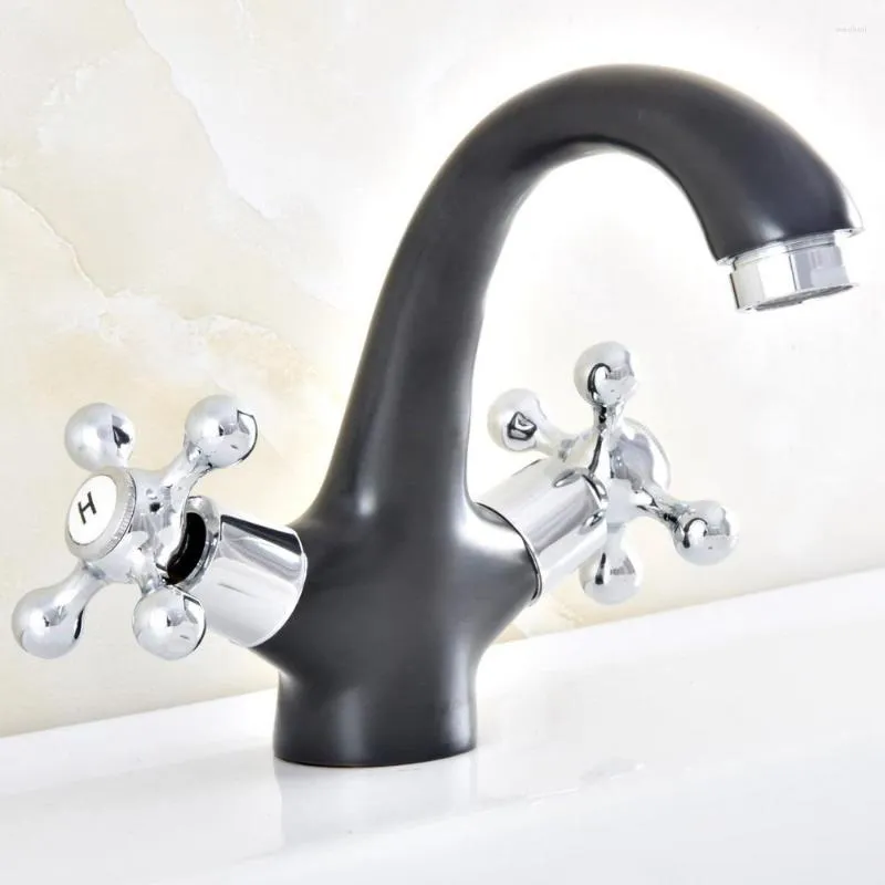 Badrumsvaskar Black amp; Chrome Brass Faucet Basin Mixer Trap Double Cross Handle Enkel hål och kallt vatten NNF477