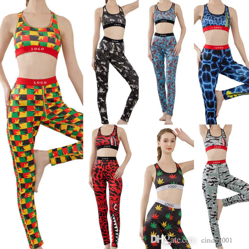 Chándales de marca para mujer Conjunto de sujetador de yoga de dos piezas Sexy Crop Top Chaleco Patchwork Shark Camo Printed Fitness Sports Suit