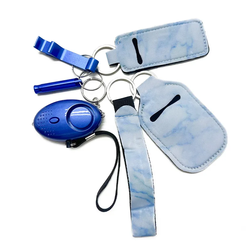 Blue Self Defending Key Chain Six Piece Wrist Strap Liquid Bottle Sleeve Alarm Whistle Opener