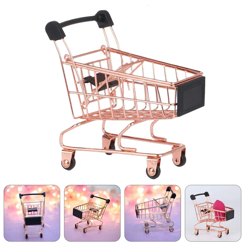 Förvaringskorgar kundvagn makeup svamp rack metall miniatyr livsmedelsbutik liten stormarknad handcart verktyg barn 230613