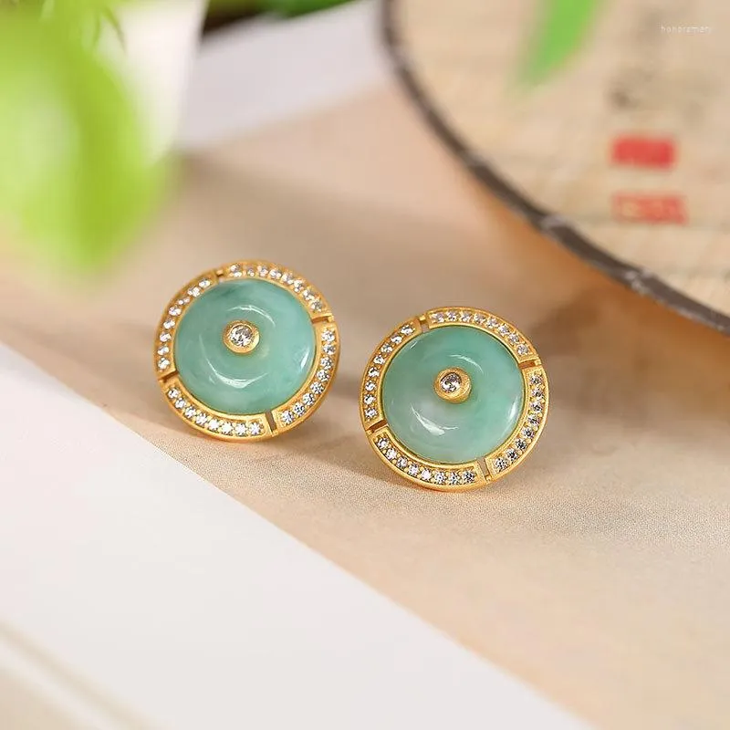 Stud Earrings Natural Myanmar Green Jade With 925 Sterling Silver Jewelry For Women Gold