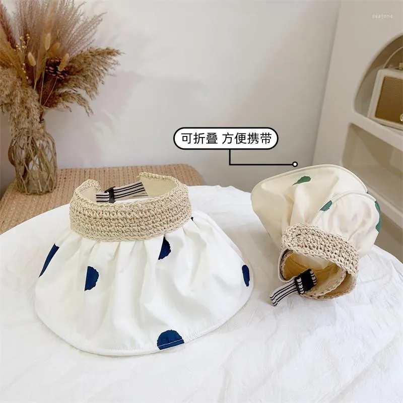 帽子を巻く子供のサンバイザーガールワイドブリムドットパターン織りストローポニーテールハットサマーパック可能なビーチトラベルボンネットキッズ
