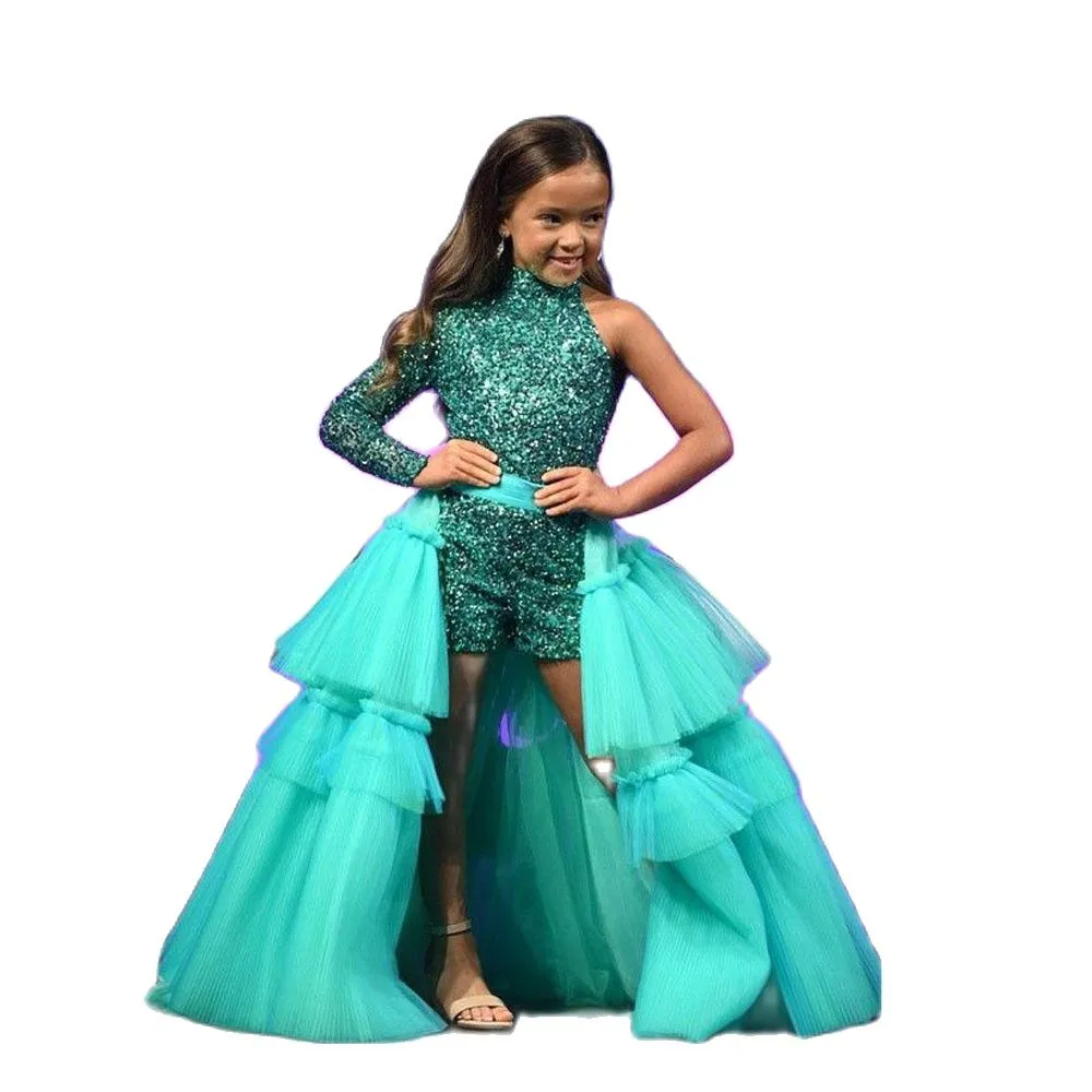 Girls Sparkling Sequin Green Jumpsuit Wedding With Detachable Train