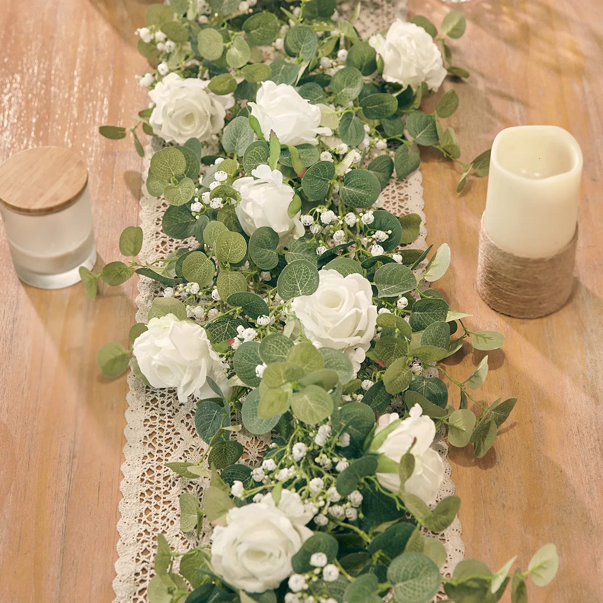 Fleurs séchées PARTY JOY Artificielle Soie Rose Gypsophile Guirlande Faux Eucalyptus Vigne Plantes Suspendues pour Mariage Maison Fête Artisanat Décor 230613