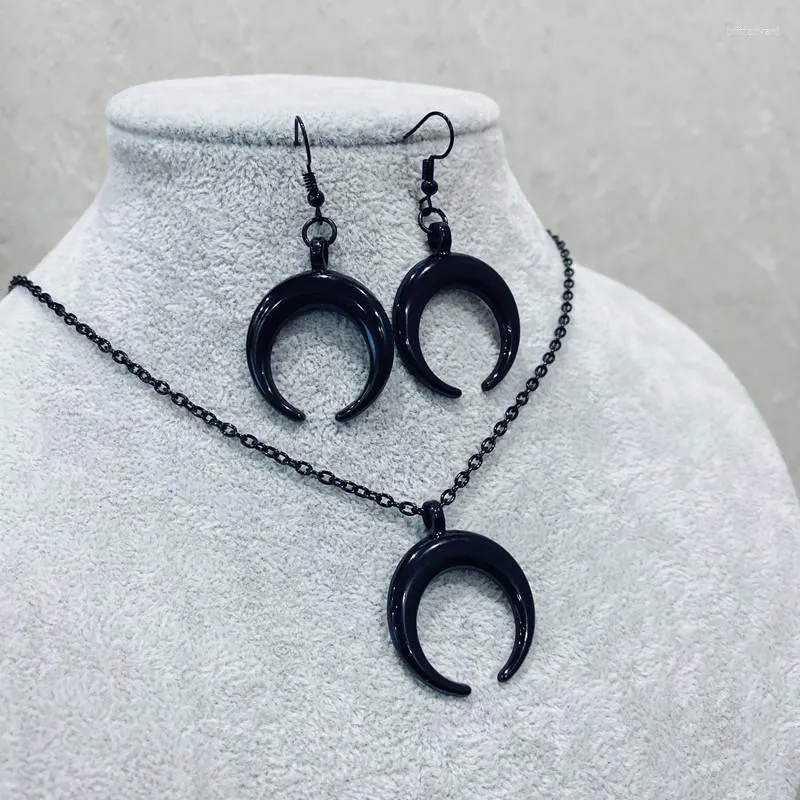 Necklace Earrings Set Fashion Jewelry Gothic Crescent Moon Pendant Black Horn Choker For Women Neck Collar Short Chain Gifts