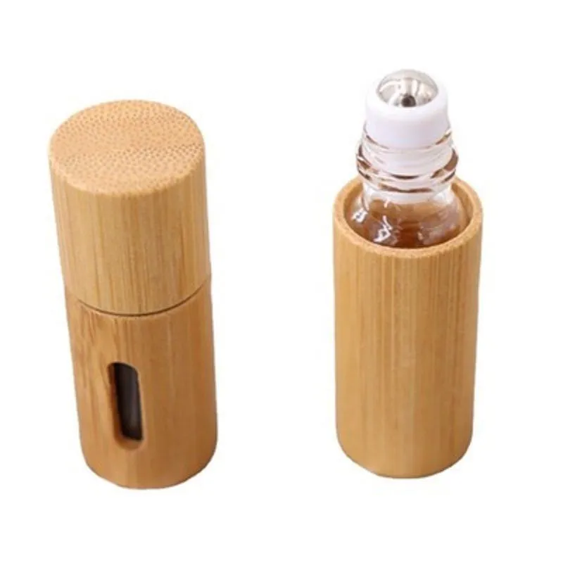 5ml 10ml Full natural bamboo Essential Oil Roller-ball Bottle carved window Clear Glass Roll On Perfume Bottles Stainless Steel Rollers Eicm