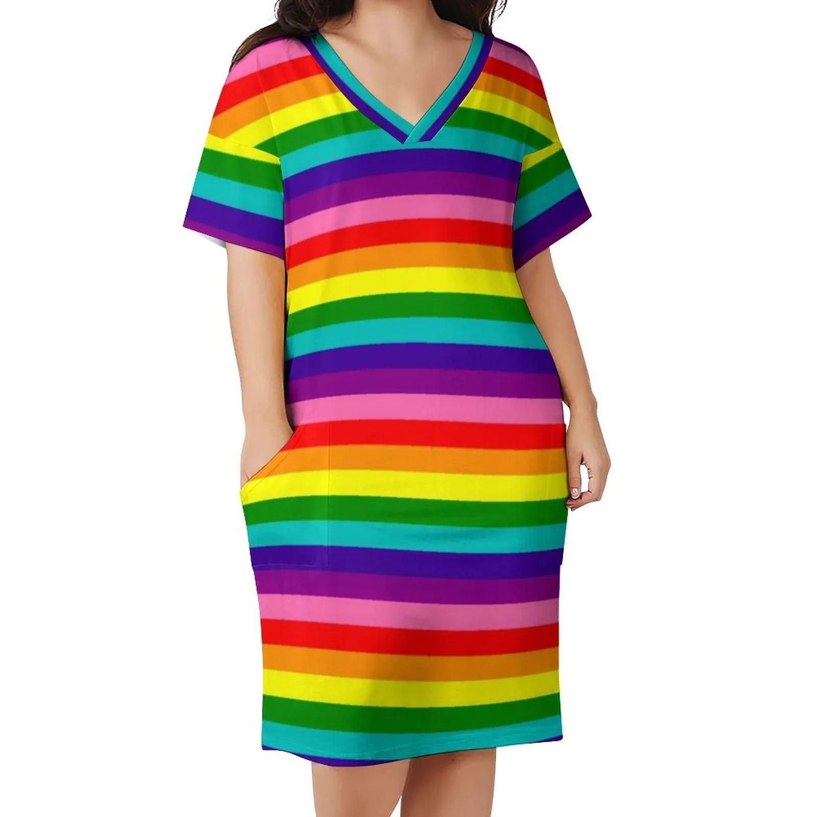 Plus Size Kleider Regenbogen Pride Flag Kleid V-Ausschnitt LGBT Bunte Streifen Elegante Frau Koreanischer Modedruck Lässig Größe 4XL 5XL 230613