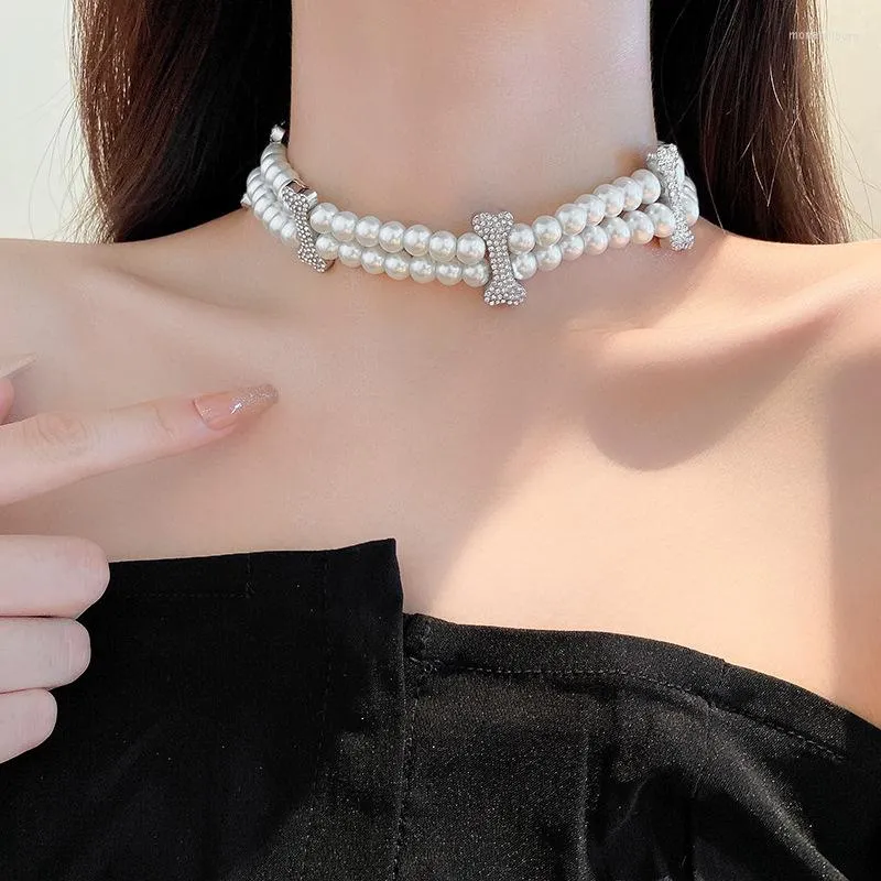 Choker koreańskie naszyjniki z podwójnej warstwy perłowej kobiety modny luksusowy elegancki styl łańcuch kołnierzyka retro naszyjnik