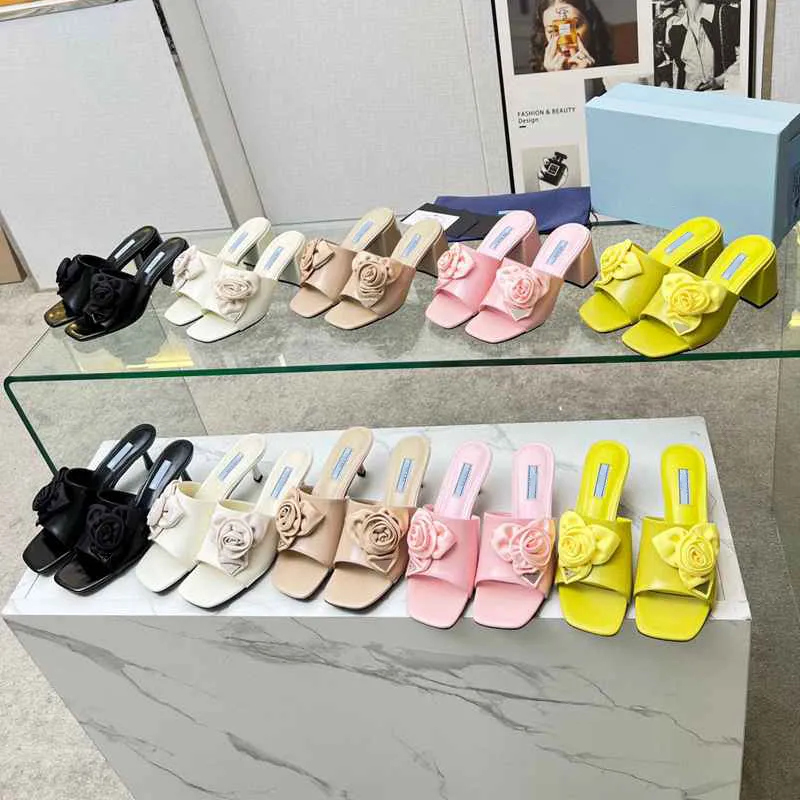 Summer Women Designer Slipper Sandals Sexy High Heels Pumps Fashion Rose Geneuie Leather Triangle Slides Party Shoes Pink Yellow Black