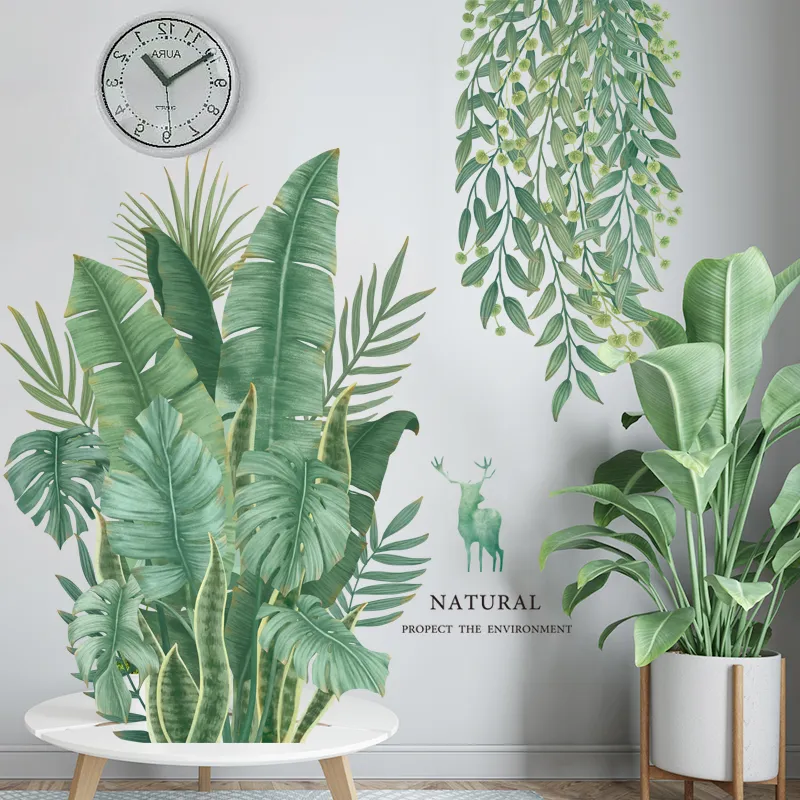 LuanQI Green Plant Wall Sticker Vinyl Wall Decal Tropical Palm Leaf Modern Art Door Murals Paper For Room Kitchen DIY Decortions