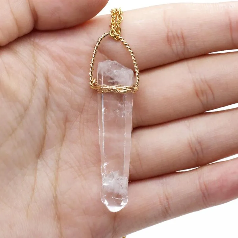 Pendant Necklaces Natural Clear Quartz Irregular Columnar Metal Chain Necklace Healing For Women And Men Jewelry Reiki Gift