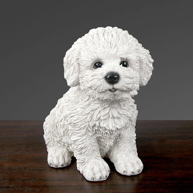 Dekorativa föremål Figurer Söta Bichon Frise Sculpture Decoration Simulation Puppy Pet Model Modern Teddy Dog Animal Fature Harts Crafts Bedroom Decor 230613