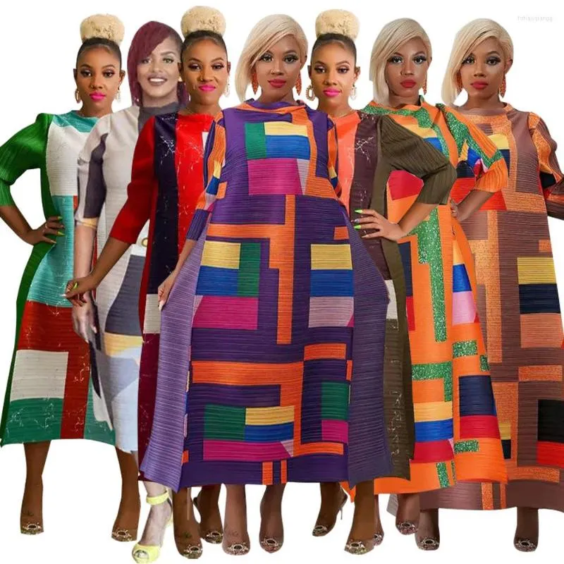 Ethnische Kleidung Sommer Mode Stil Afrikanische 3/4 Ärmel Polyester Oansatz Plissee Kleid Dashiki Kleidung Frauen Kleider Für