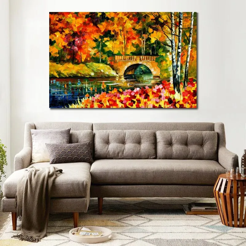 Lienzo contemporáneo, decoración para sala de estar, puente de otoño, pintura al óleo pintada a mano, paisaje vibrante
