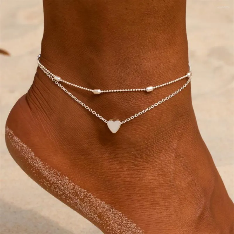 Anklets Bohemian Layed Heart for Women Charms Summer Pärled Ankel Armband Sandal Boho Foot Chain Leg Jewelry