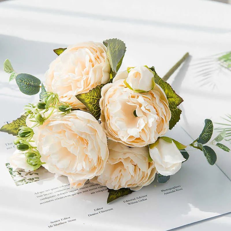 Fleurs séchées en soie Rose artificielle mariage décoration de la maison haute qualité pivoine blanc Bouquet décor de noël fausse fleur