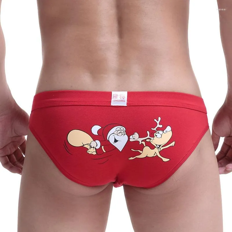 Underpants Men Sexy Cotton U Convex Pouch Briefs Printed Christmas Red Penis Underwear Middle Waist Bikini