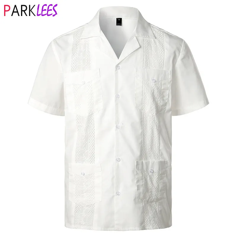 Mens Casual Shirts White Cuban Camp Guayabera Shirt Men Stylish Embroidered Woven ButtonDown Mexican Caribbean Style Beach 2XL 230614