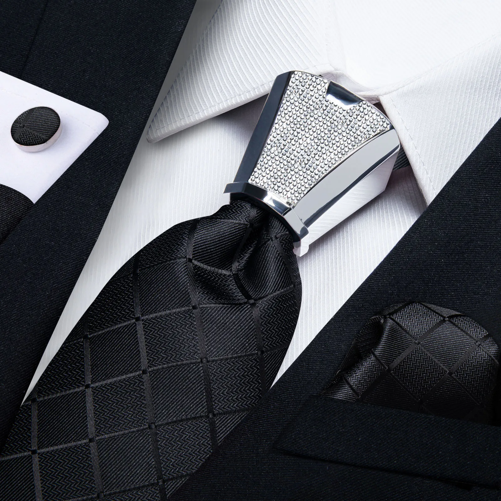 Neck Ties DiBanGu Business Plaid Black Solid Luxury Elegant Silk Ties for Men Designer Tie Buckle Handkerchief Cufflinks Wedding Accessory 230613