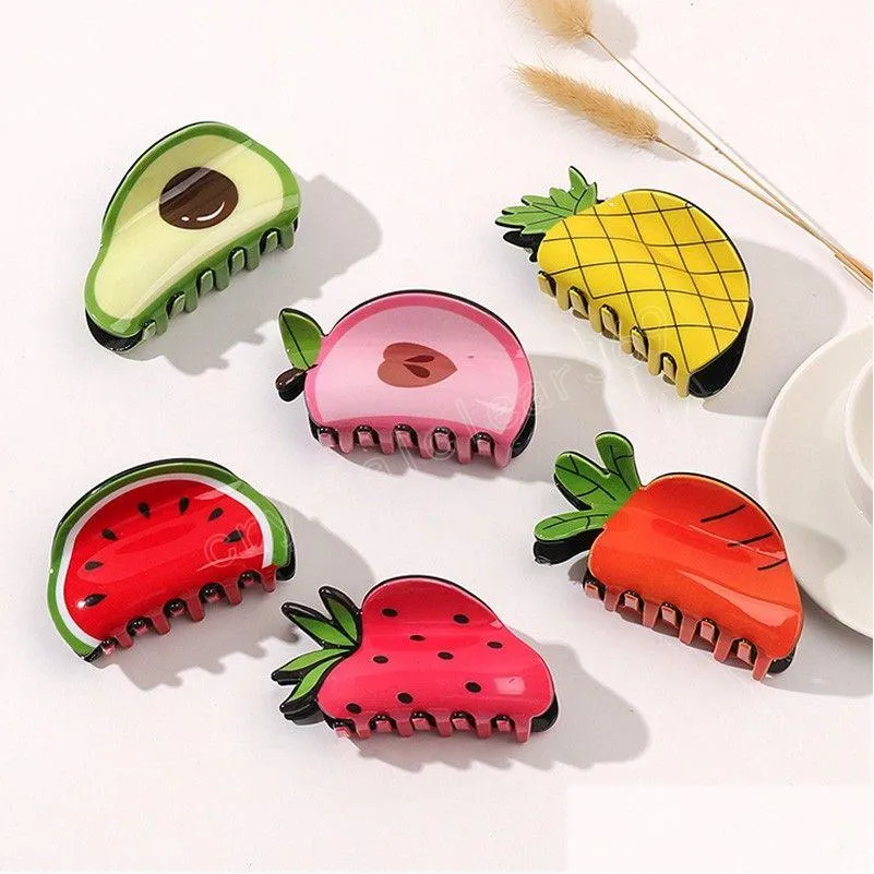Hårtillbehör Acetat vattenmelon Stberry Clip Cartoon Söt fruktform Klor Vegetabiliska krabba hästsvansklämmor Kvinnor Flickor Drop Deliv Dh1um