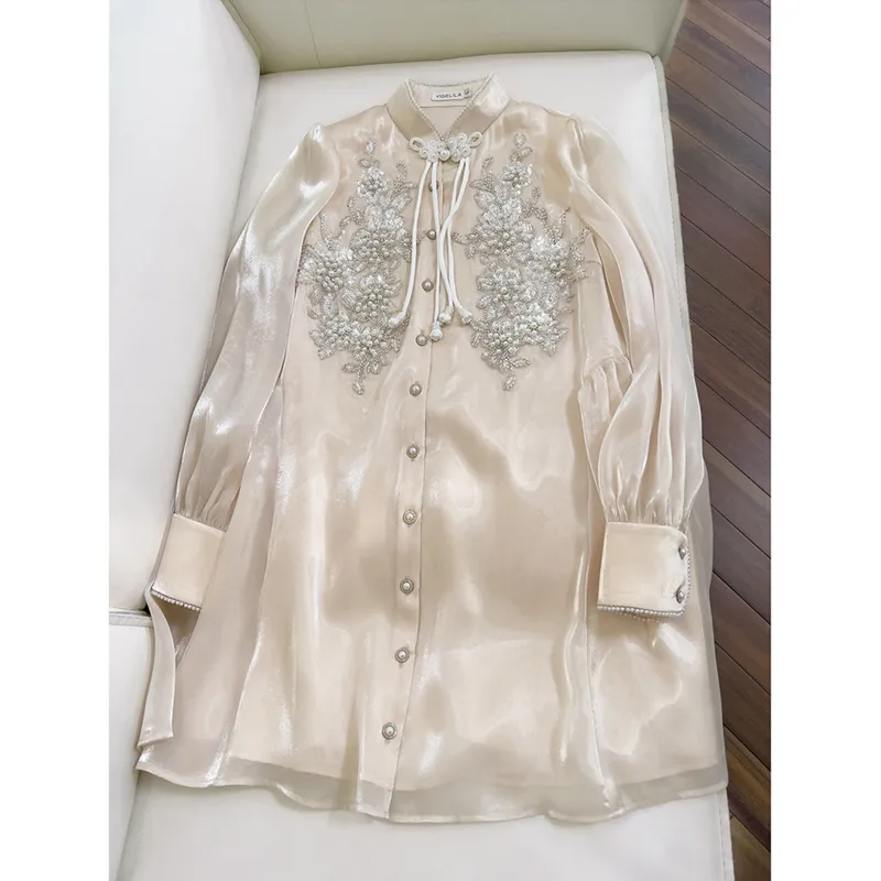 2023 Summer Champagne Solid Color Beaded Dress Long Sleeve Stand Collar Sequin Single-Breasted Mini Casual Dresses J3L127729