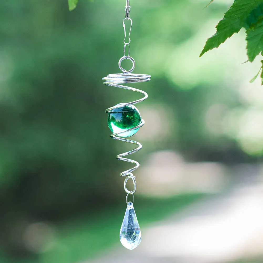 Garden Decorations Spiral Rotation Stereoscopic Effect Blue Green Crystal Ball Sun Wind Chimes Spinning Sequins Hanging Decor