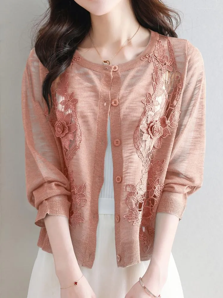 Women s Knits Lace Hollow Sweater Women Spring Summer Long Sleeve Sweaters Cardigan Solid Thin Knitwear Casual Cardigans