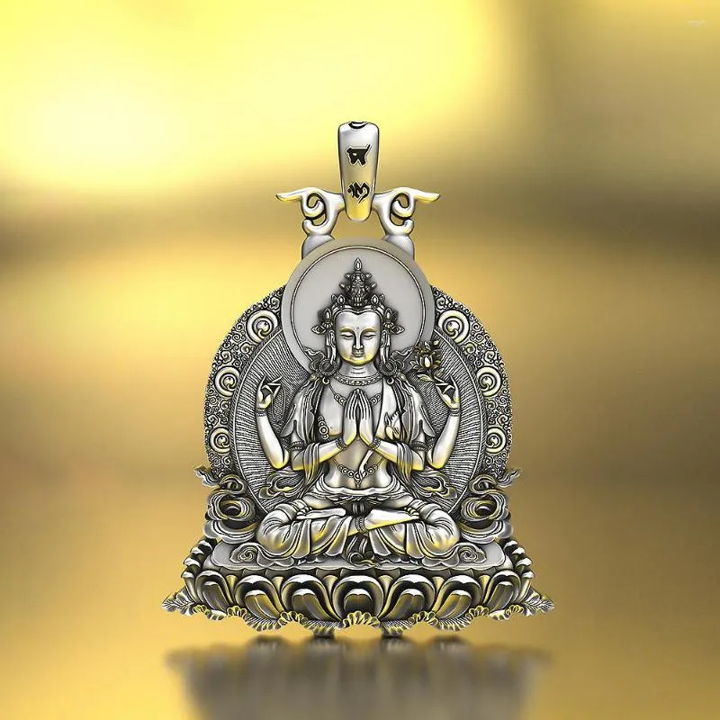 Pendant Necklaces DSNational Tide Four-armed Guanyin Quasi-ti Buddha Mother's Life Statue Necklace Men's Retro Jewelry
