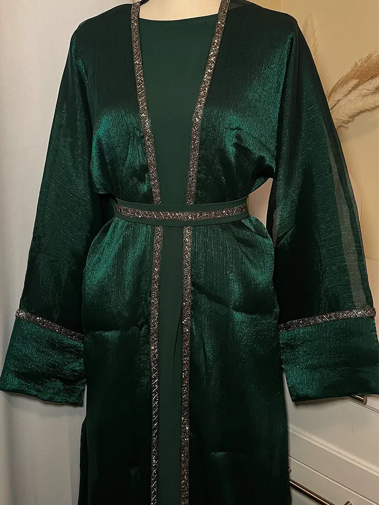 長い内側のドレス4ピースのエスニック衣類スパンコールオープンアバヤ豪華なアバヤカーディガンセットイスラムモロッコのカフタンビーズベルト230613