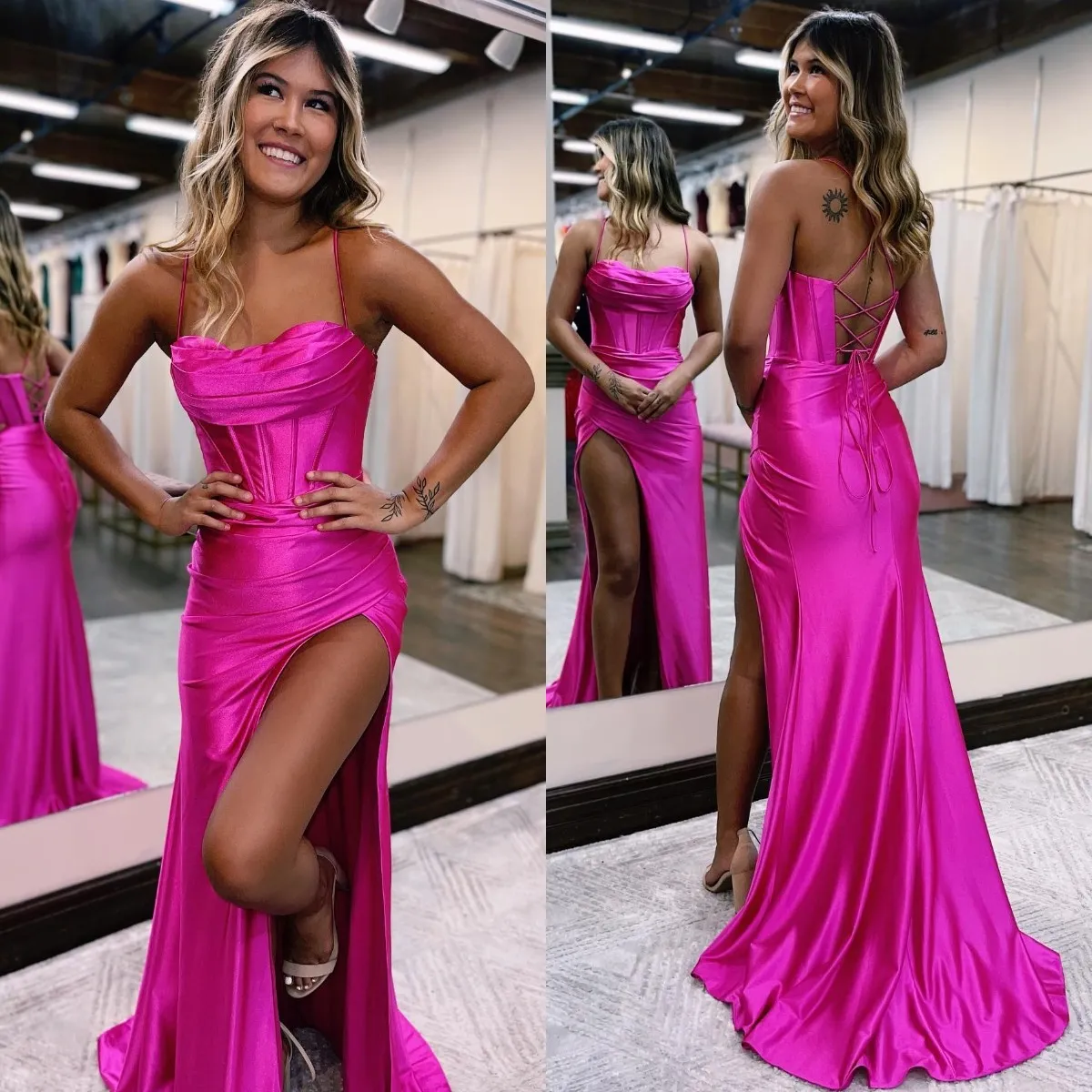 Sexy Rosy Pink Prom Dresses Spaghetti Lace Up Back Party Evening Gowns Pleats Split Formal Long Special Occasion dress