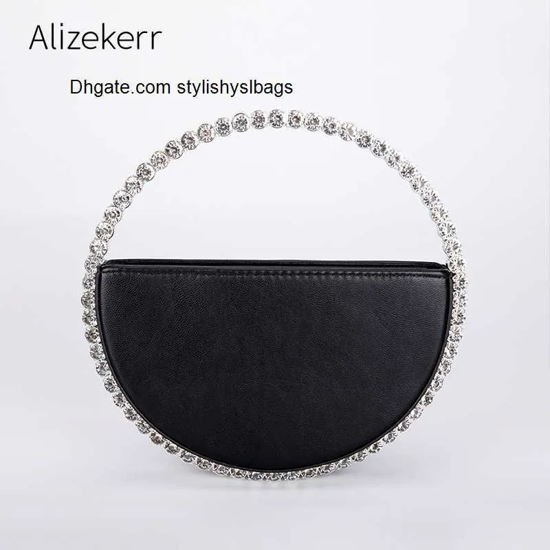 Totes Farbe Diamant Kreisförmige Abendtasche Frauen 2020 Neue Runde Griff Strass Abendessen Kupplung Geldbörse Damen Halbmond Handtasche Mode